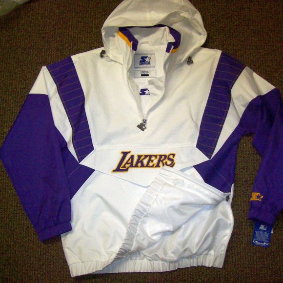 LOS ANGELES LAKERS STARTER Hooded Half Zip Jacket WHITE 2X - Picture 1 of 13
